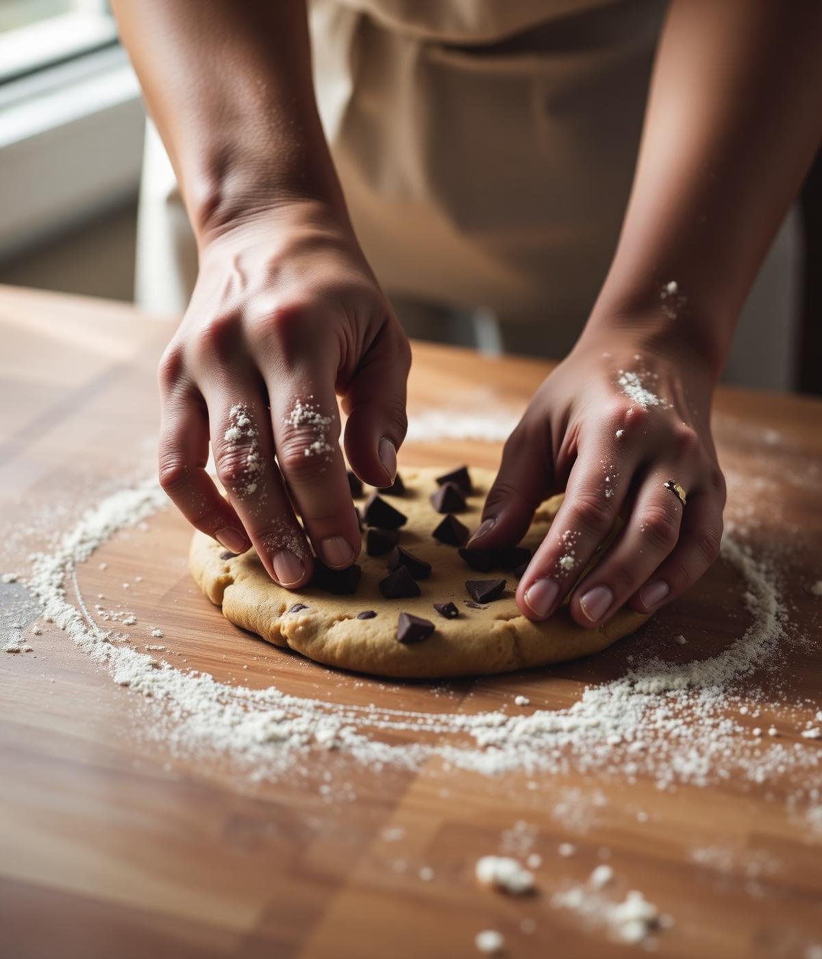 Hands pressing chocolate chunks into cookie dough